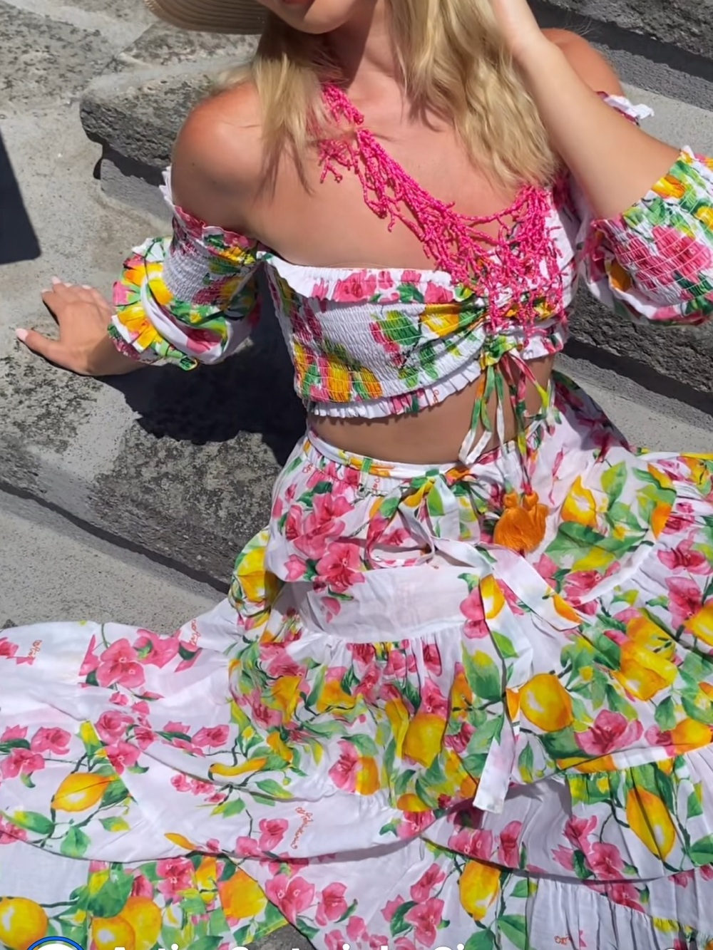 Antica Sartoria 2026 Floral Lemon Tiered Maxi Skirt &Top in White, Pink & Yellow